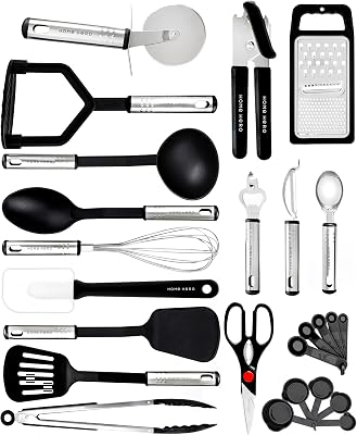 Utensili Cucina Set Termoresistenti al Calore e Antiaderente - Mestoli Spatola Cucchiaio Frusta Pinze Forbici (25 pezzi Nylon Set)