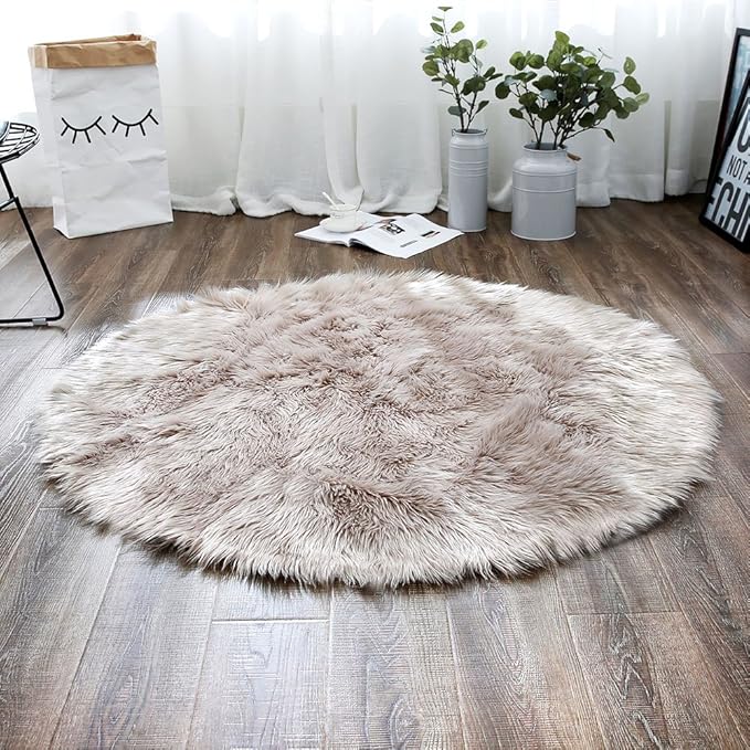 LEEVAN Plush Sheepskin Style Round Throw Rug Faux Fur