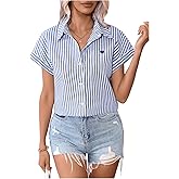 WDIRARA Women's Stripes Print Heart Embroidery Blouse Causal Button Down Shirts Collared Neck Short Sleeve Shirts