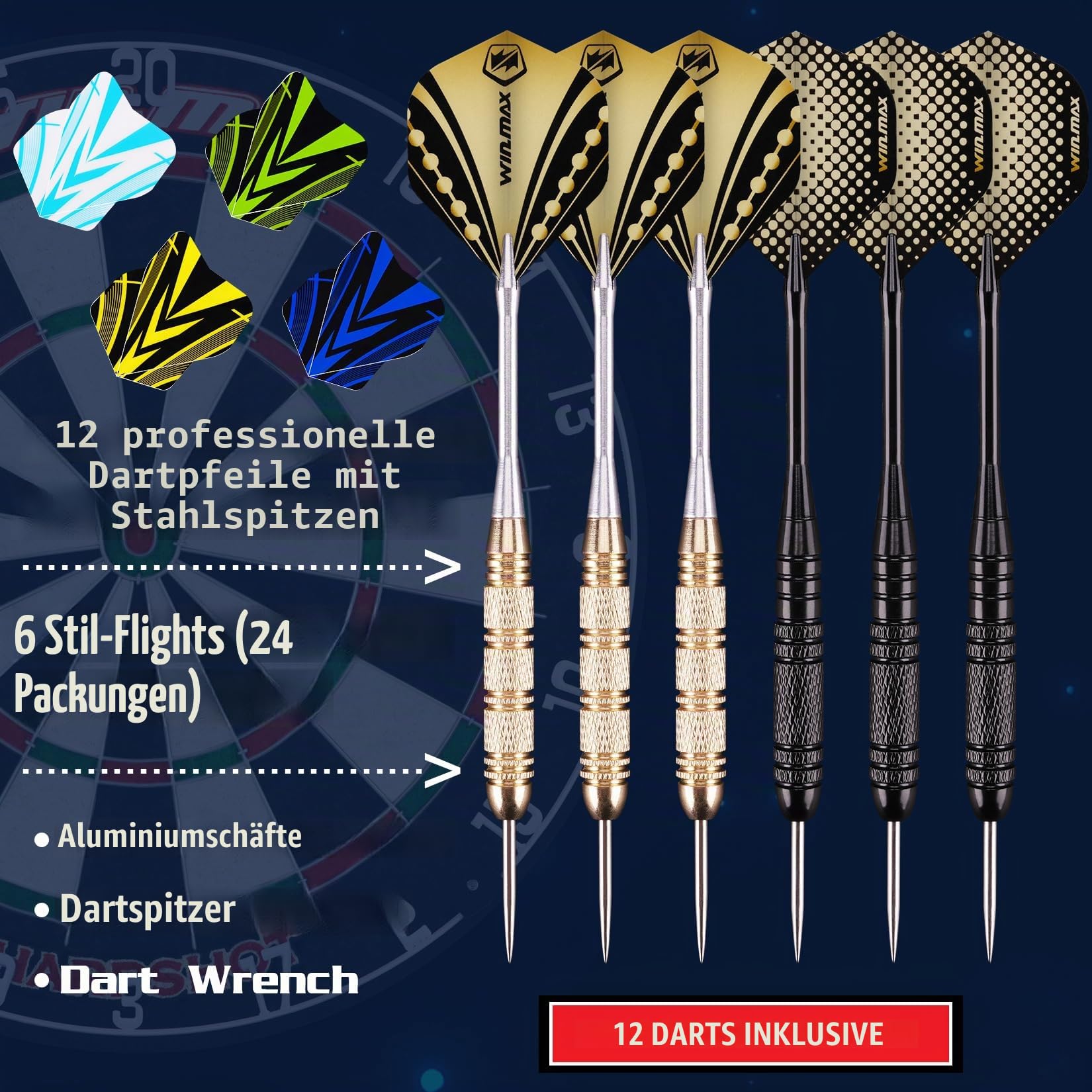WIN.MAX Dartscheibe Kork Dartscheibe mit Pfeilen Offizielles Steeldartscheibe Steeldart Set 12 Dartpfeile Metallspitze,24 Flights 5