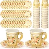 Nuogo 200 Pcs Floral Paper Tea Cups and Saucers 7 oz Disposable Tea Party Decorations Vintage Cute Paper Tea Cups and Plates with Handles for Girls Wedding Baby Bridal Shower Birthday, Serve 100