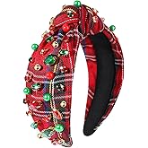 NVENF Christmas Headband for Women Jeweled Xmas Plaid Headband Embellished Crystal Pearl Knotted Headbands Wide Top Knot Holiday Headbands Christmas Hair Accessories Holiday Outfits Gifts (Red 2)