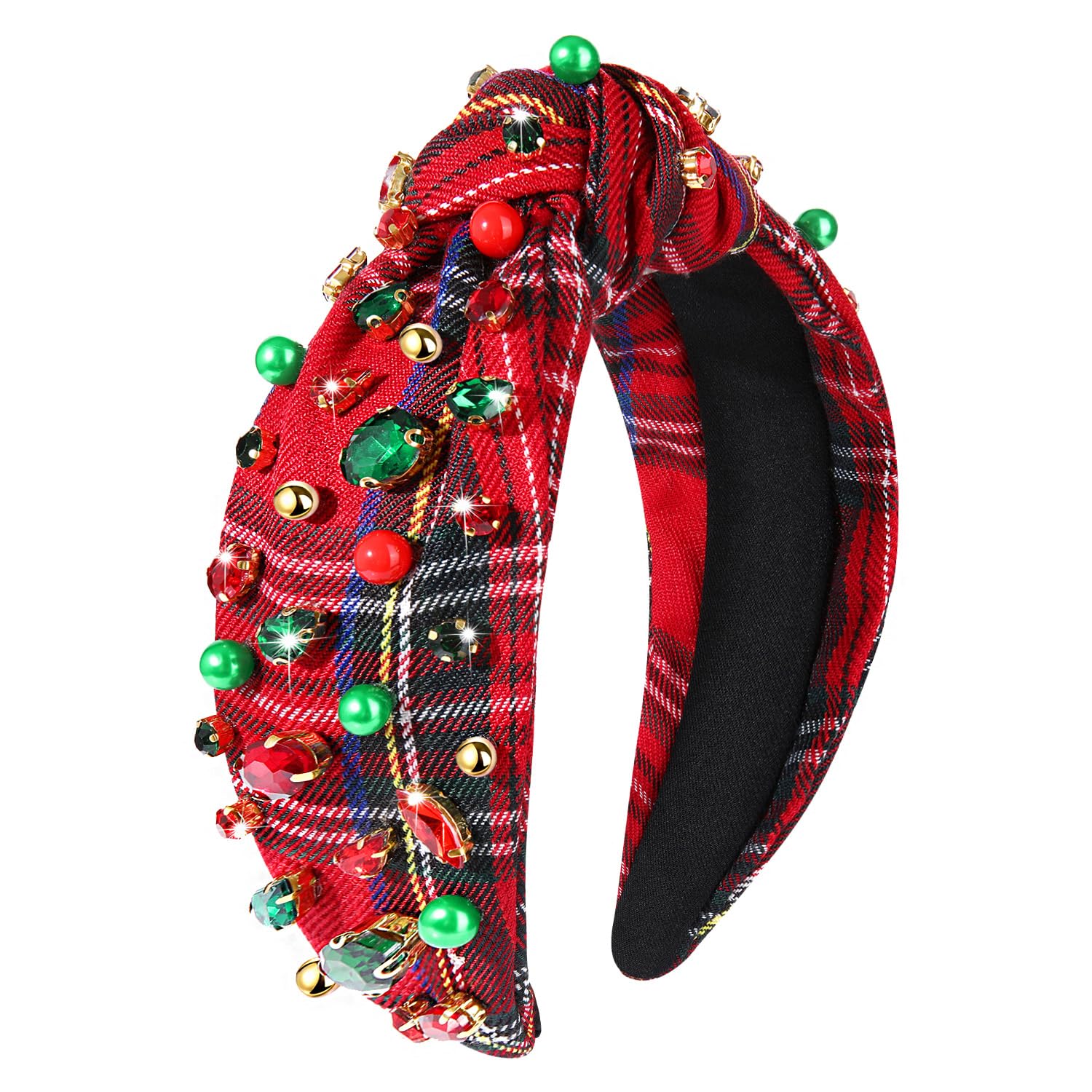 Holiday Plaid Knot Velvet Beaded Headband Pearl Crystal Handmade Festive… Plaid & Flannel Christmas Headbands, Rhinestone Holiday Hair  main image 4