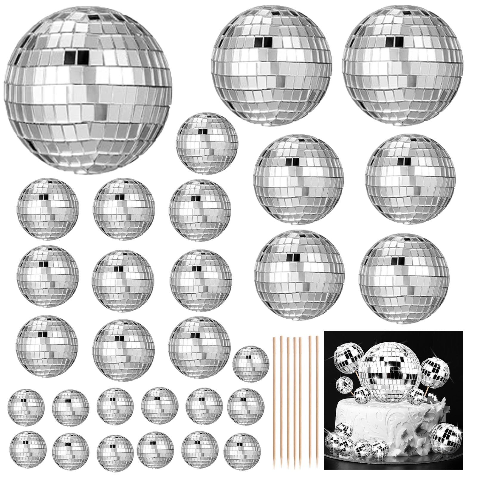 30pcs Silver Mini Disco Balls, 5 Sizes, Cake Toppers with Bamboo Sticks for Cake Dessert Theme Party Decorations