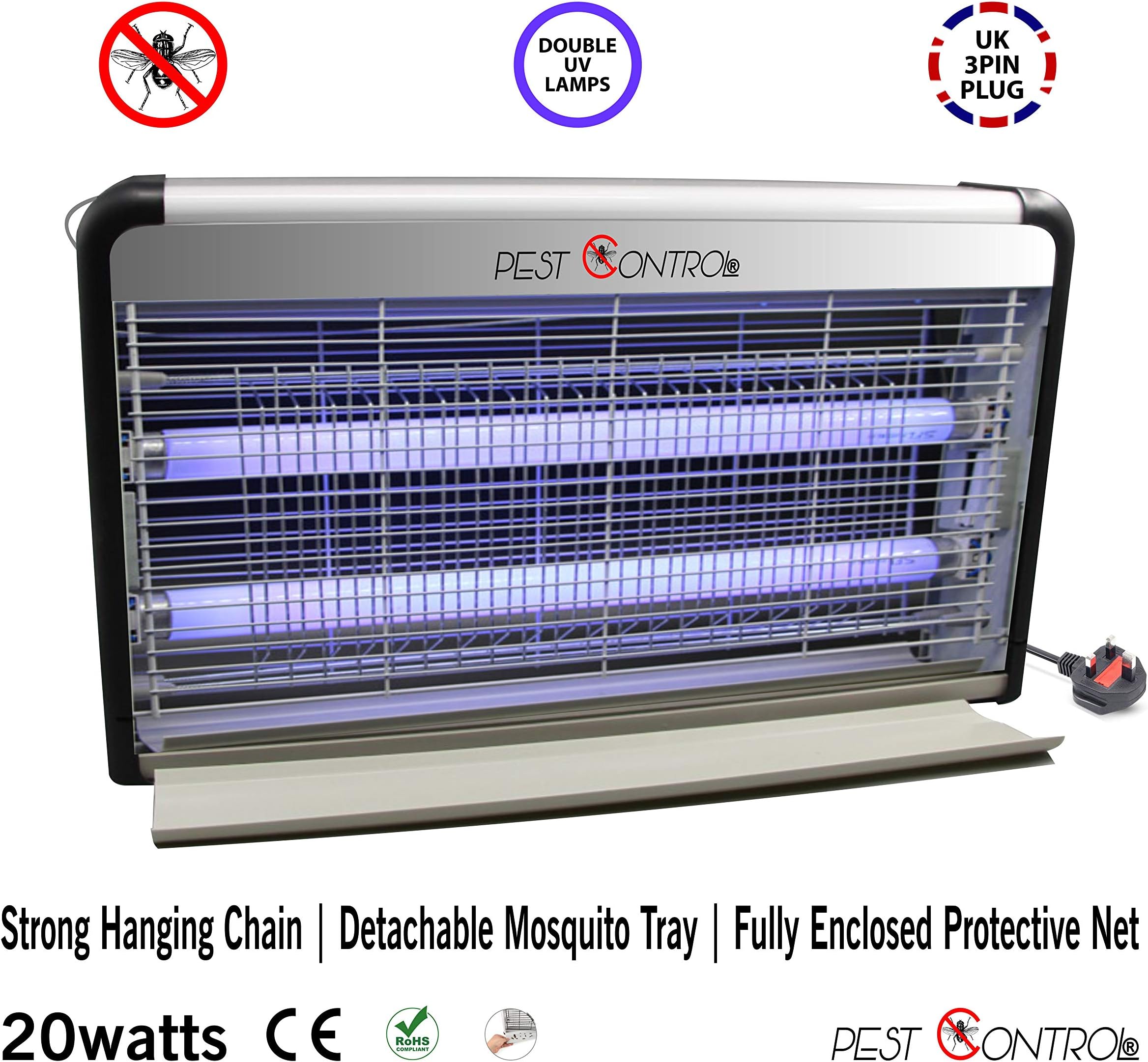 Pest Control lectric 20W, Electric, Insect, Mosquito, Bug, Moth, Fly or Any Pest Killer Zapper, Powerful 2800V Grid, Energy Saving, Ultraviolet Light Bulb, Indoor Use, Silver, Black