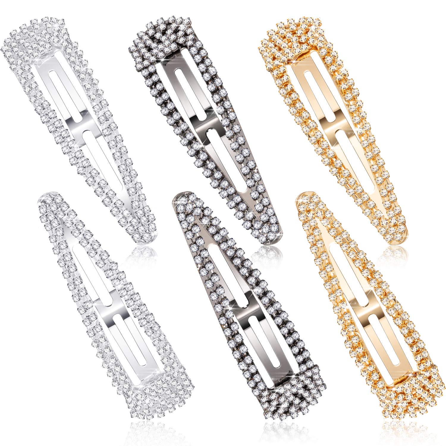 Photo 1 of 6 Pieces Rhinestone Hair Clips 3 Inch Snap Hair Barrettes Bridal Hair Barrettes Pins for Women Girls Wedding Hairpins Hair Accessories (Black, Silver, Gold)
