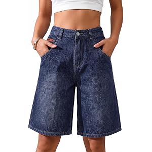 EMMIOL Bermuda Jean Shorts for Women Mid Waisted Denim Shorts | Knee Length, Baggy, Elastic Waist, Wide Leg, Jean Shorts with