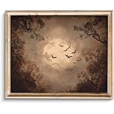 ZBJLLK Bats Full Moon Canvas Wall Art, Vintage Gothic Dark Academia Oil Painting Print, Spooky Forest Night Moody Atmospheric Artwork for Living Room Bedroom Halloween Home Decor, 8x10 Inch Unframed