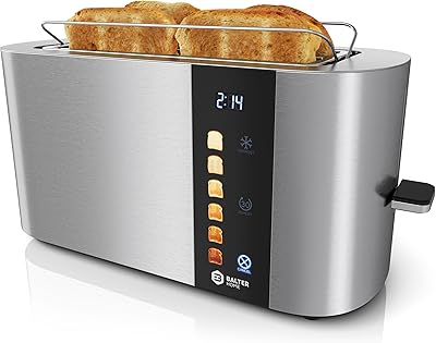 Balter Toaster 4 Scheiben, Touch Bedienung, Langschlitz, Edelstahl, Brötchenaufsatz, LCD Display Langschlitztoaster, Auftaufunktion, Brotzentrierung, TS-34