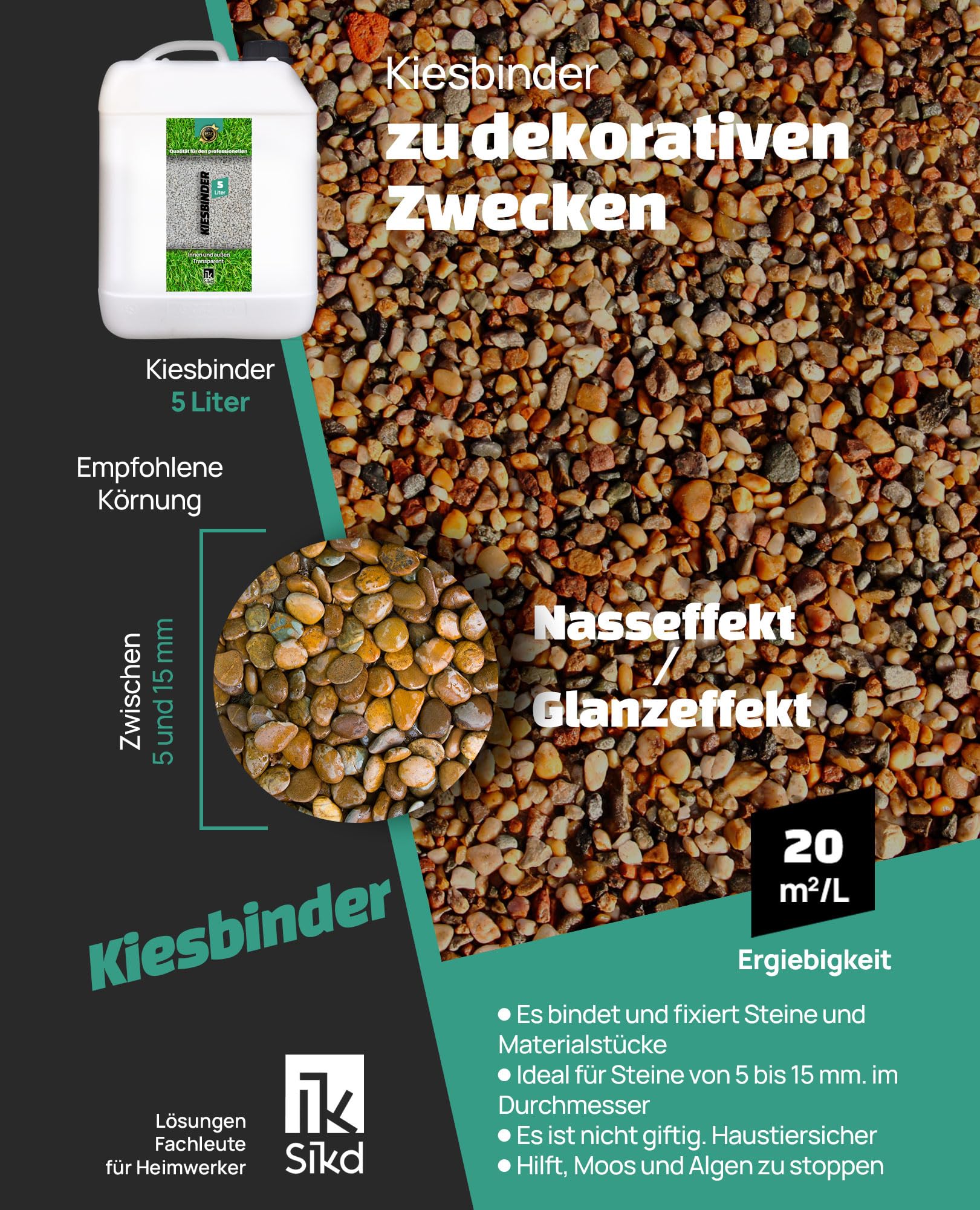Bindemittel für Kieselsteine 5L. Perfekt zum Kieselsteine kleben oder als Kieskleber für Wege und Gärten. Kiesbinder farblos. Nassoptik. 4