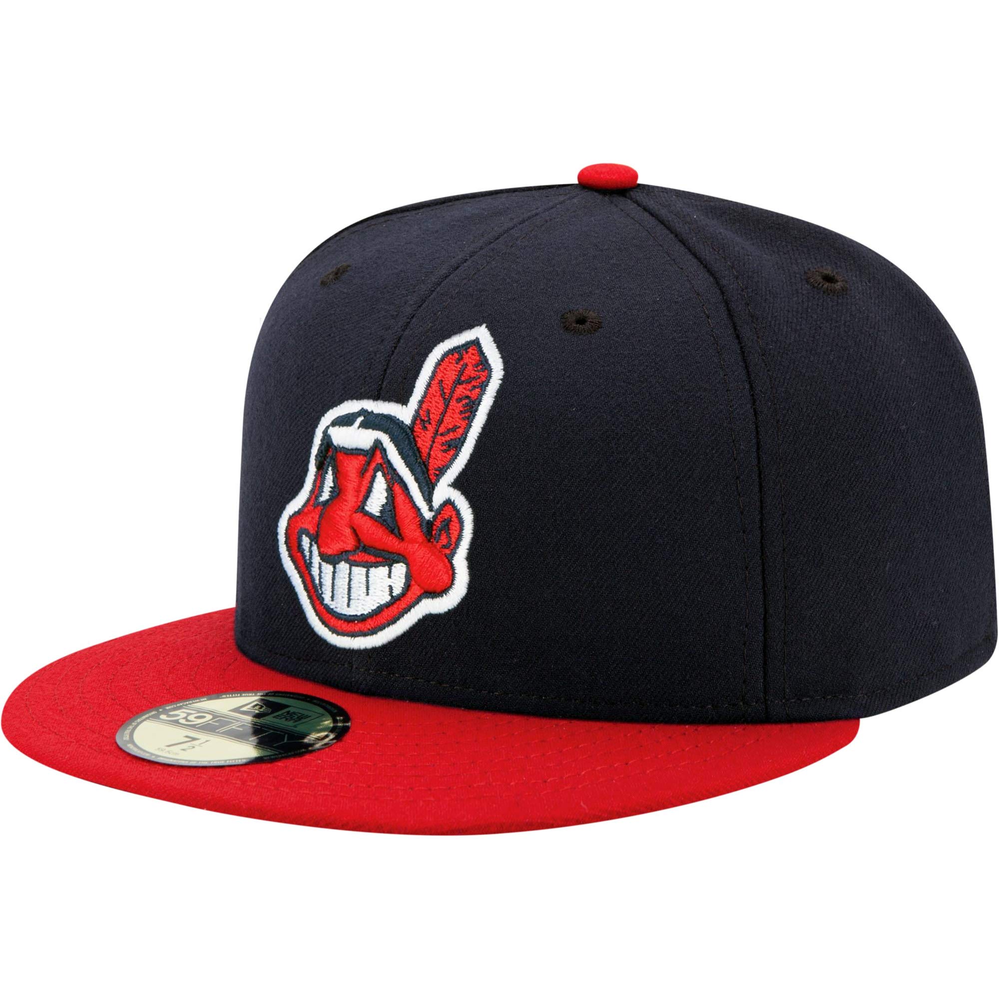 New Era Cleveland Indians Fitted Baseball Hat MLB 59Fifty Flat Bill Caps (7 5/8, Navy Retro Classic)