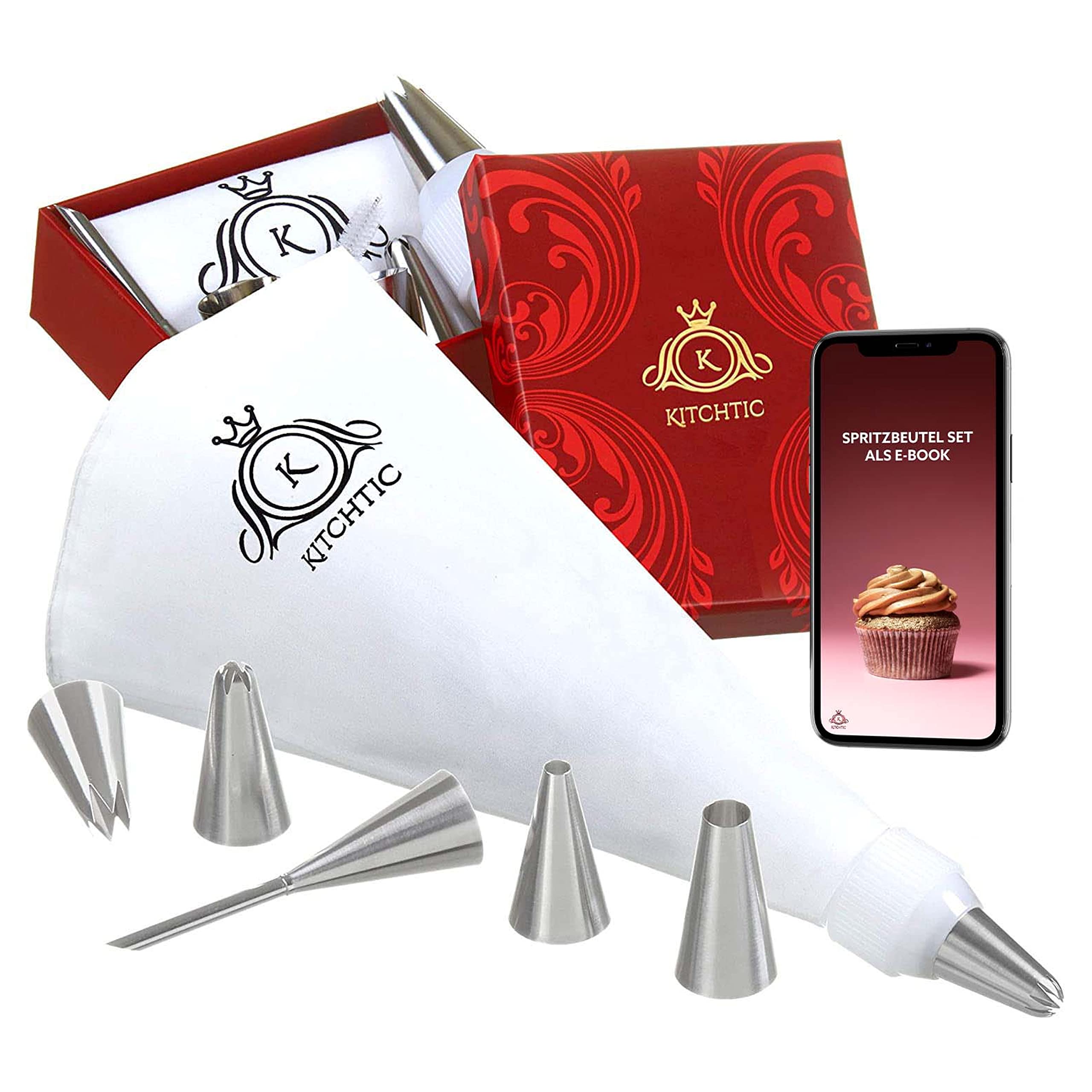Piping Bag Set - Large Reusable Cotton Piping Bags and Nozzles - Dishwasher Safe - with Gift Box, 6 Stainless Steel Nozzles, Adapter, Cleaning Brush & E-Book with Tips on Cake Decoration by Kitchtic