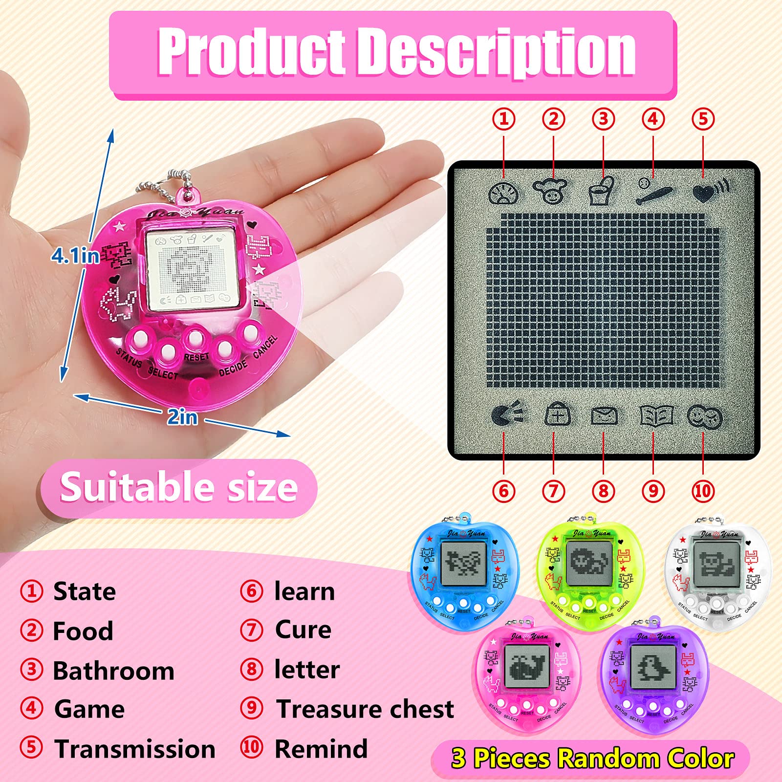 Sosation 3 Pcs Virtual Pets Keychain Virtual Electronic Digital Pets Keychain Christmas Party Favor Stuffers Retro Handheld Game Machine Nostalgic 90s Toy for Girls Boys Birthday Gift