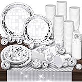 Marsui 121 Pcs 70s 80s Disco Ball Party Decorations Disposable Paper Plates Napkins Cups Bachelorette Silver Balls Tableware Set for Wedding Cocktail Birthday Dancing Queen Party(Silver)