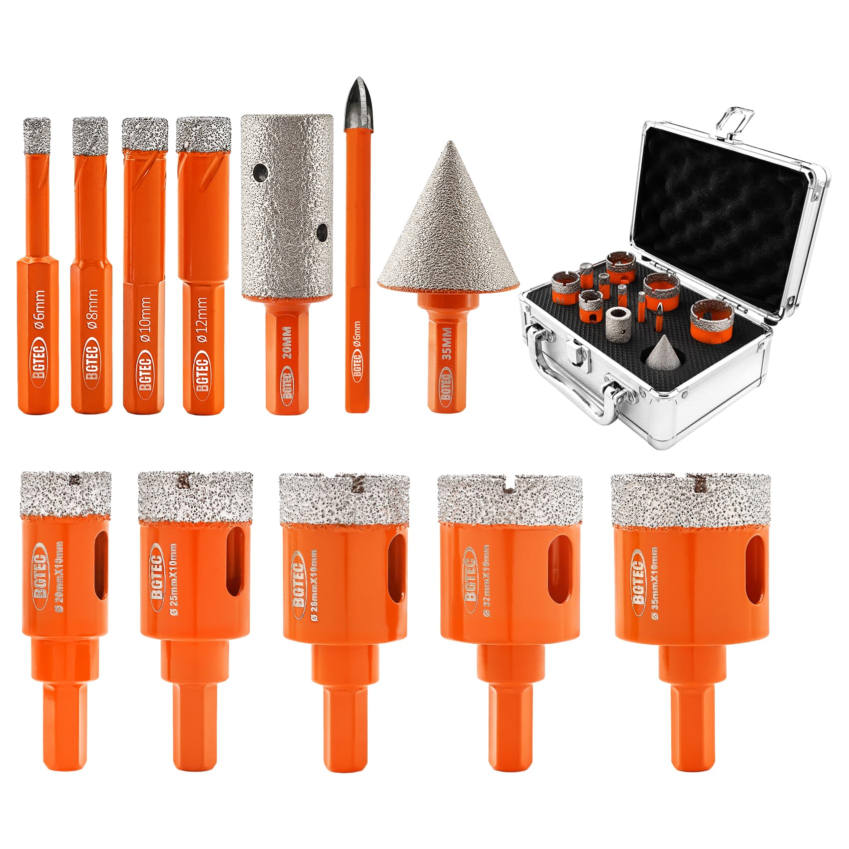 BGTEC Diamond Hole Saw Kit Marsonry Drill Bits,12pcs 6/8/10/12/20/25/28/32/35mm Drill Bits+20mm grinder bit+35mm chamfering with Hex Shank+6mm carbide drill for Granite Marble Porcelain Tile Ceramic