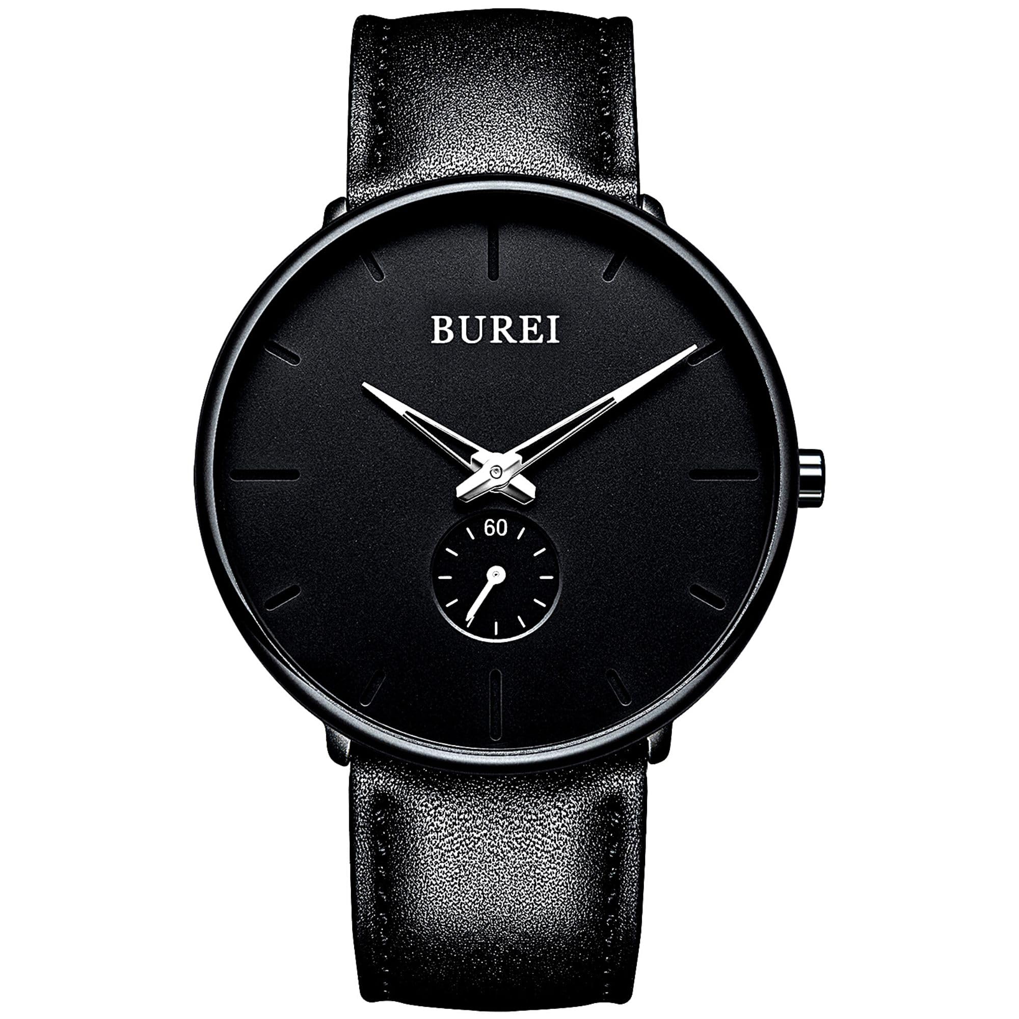 BUREI Mens Minimalist Watch Black Large Face Rose Gold Hands Silver Stainless Steel Mesh Band