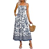 OFEEFAN Womens Spaghetti Strap Maxi Dresses Smocked with Pockets 2026 Summer Spring Casual Boho Beach Long Sundresses