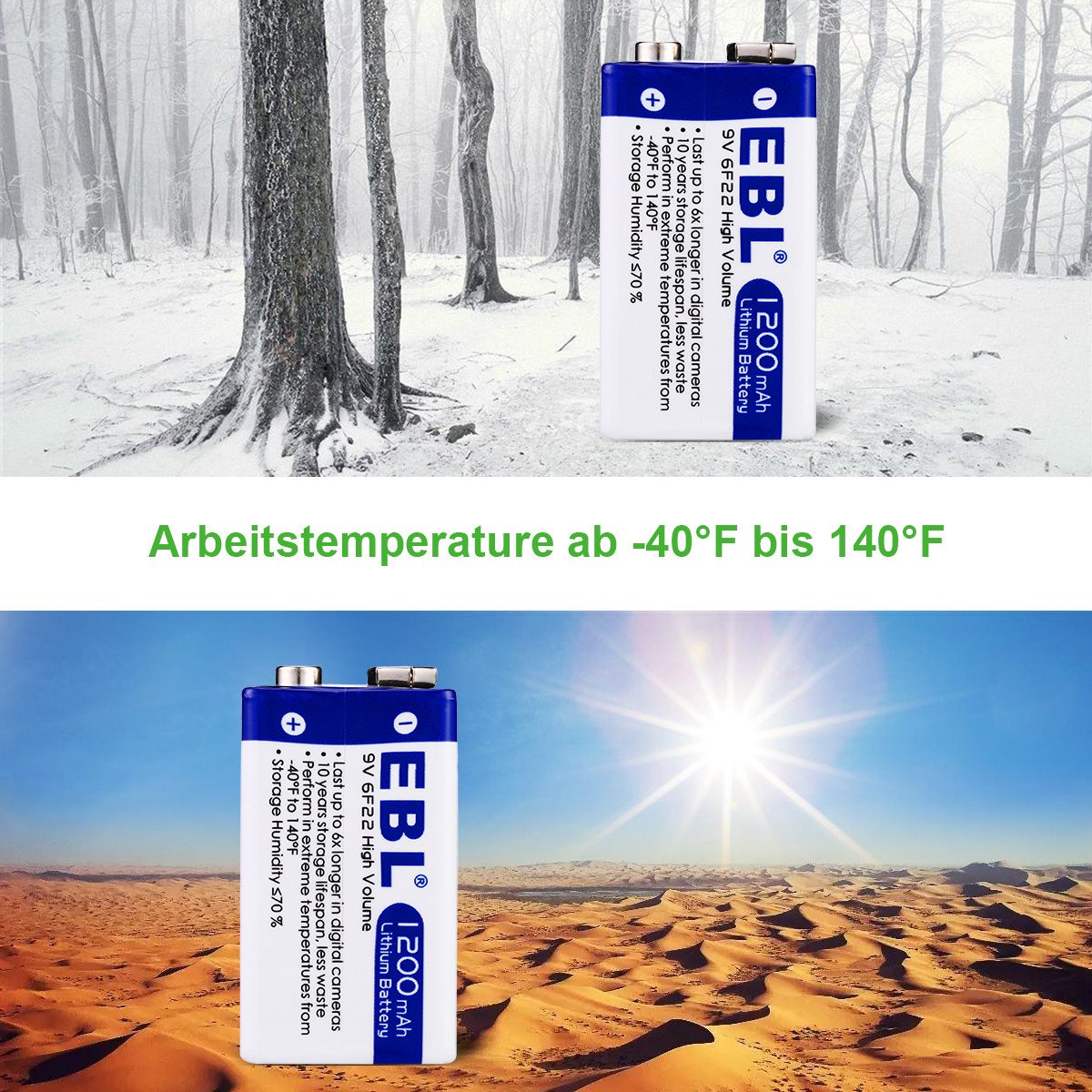 EBL 9V Block 1200mAh Lithium Batterie 6xLonglife 2 Stück