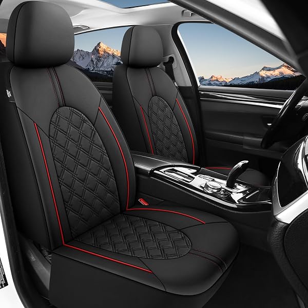 YGL LUXURY PU LEATHER CAR SEAT COVERS FULL SET, NON-SLIP SEAT COVER PROTECTORS, UNIVERSAL FIT FOR CARS, TRUCKS, SUVS, VANS, PICKUPS, AIRBAG COMPATIBLE, SEAT COVERS FOR CAR INTERIOR (BLACK/RED)