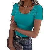 GKBK Women's Short Sleeve Tops Scoop Neck Lace Trim Ribbed Fitted Tight Shirts Casual Basic Tee Spring Clothes 2026 Trendy