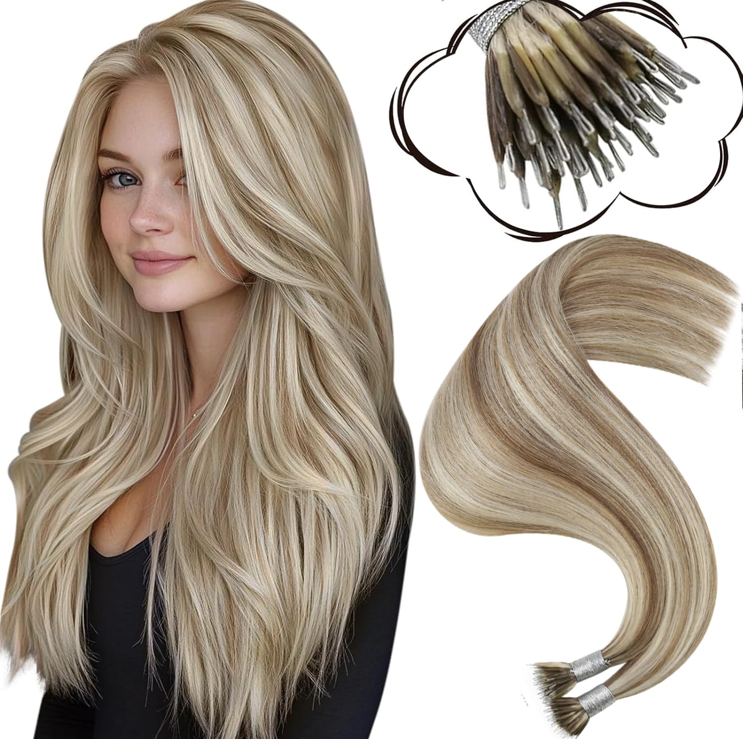 Moresoo Nano Hair Extensions 16 Inch Light Brown with Platinum Blonde Invisible Nano Beads Human Hair Extensions Cold Fusion 1g/s 50g/Pack #P9A/60 — image 1