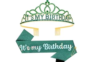 Araluky Green Birthday Crown - Adult Woman & Glitter Its My Birthday Sash for Birthday Girl - Gold Tiara for Parties & Favors