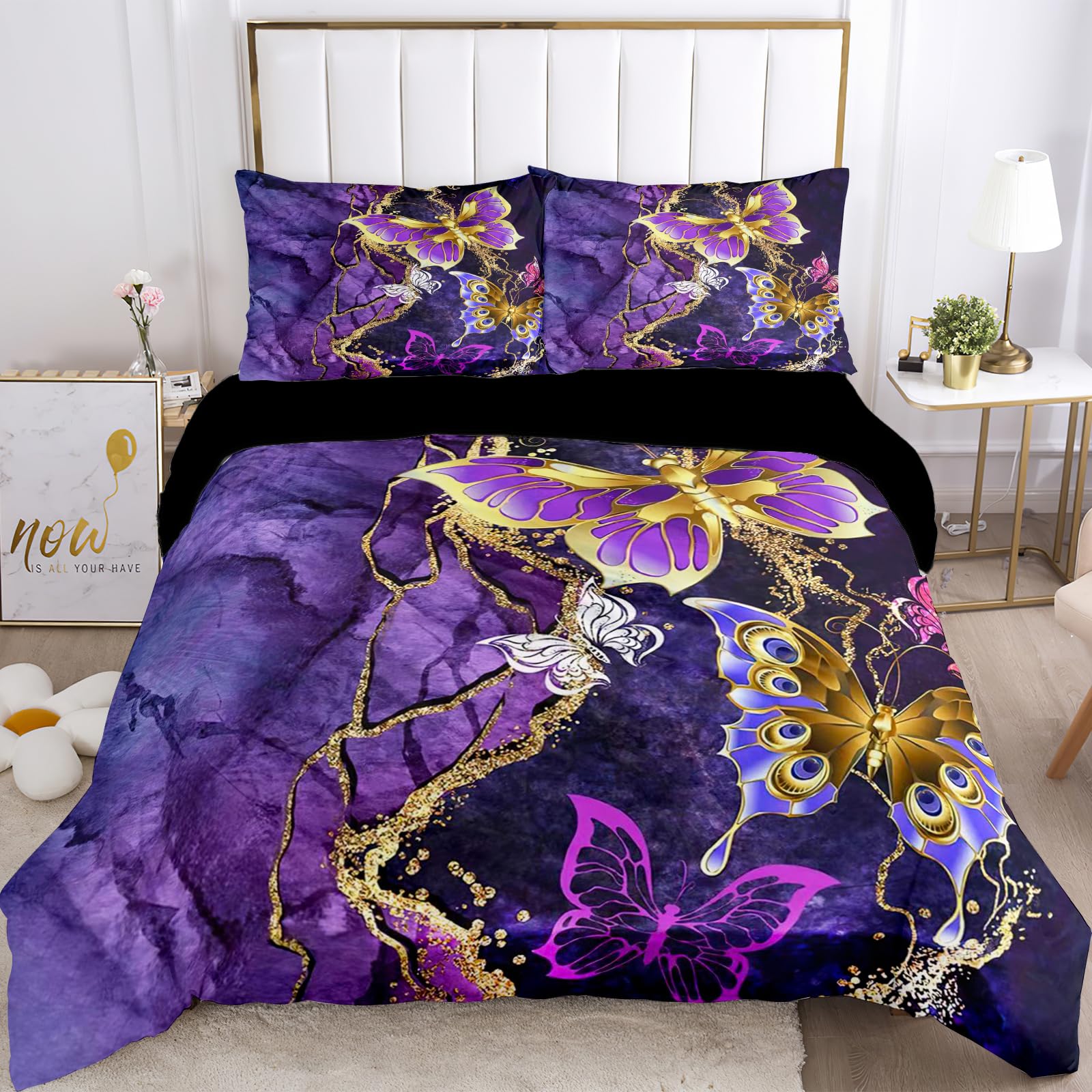Butterfly Bedding Sets, Purple Butterfly Pattern Double Duvet Cover Set,Butterfly Duvet Cover with Zipper + 2 Pillowcases (A, 220x240cm)