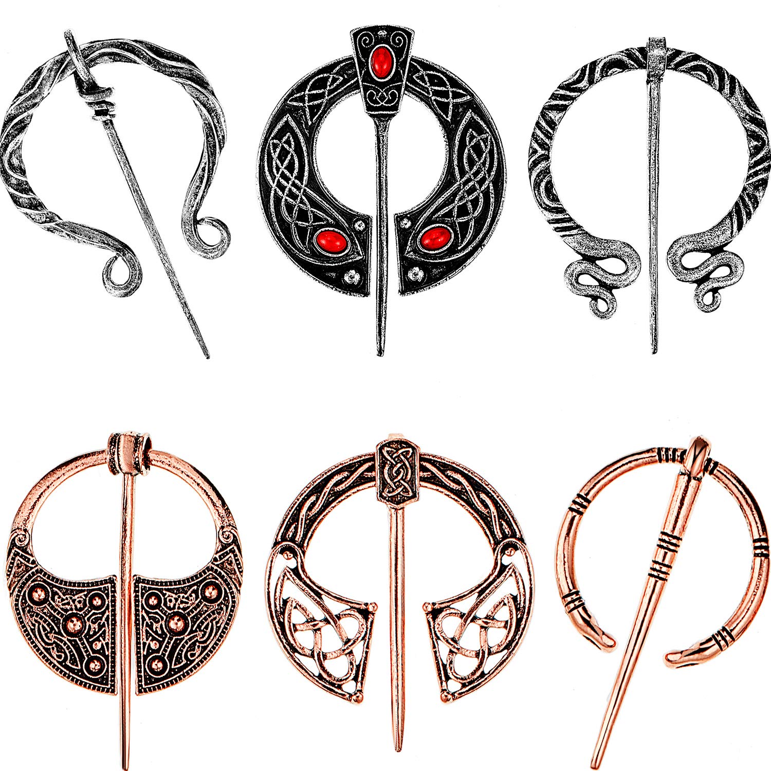 Hicarer 6 Pieces Vintage Viking Brooches Cloak Pins Scarf Shawl Buckle Clasp Pin Brooch Penannular Brooch for Men Women Costume Accessory, Antique Silver and Rose Gold