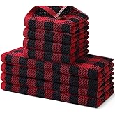 homing Buffalo Plaid Kitchen Towels and Dishcloths Set, 12" x 12" and 13" x 28", Set of 8 Bulk Cotton Waffle Weave Dish Towels, Super Soft Absorbent Hand Towels for Kitchen, Red & Black