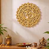 RattanView Wooden Om Wall Decor Hanging Art Golden Om Round Decoration | Wooden Chakra Mandala Wall Hanging, Home Decoration, Indian Ethnic, for Yoga Room and Meditation