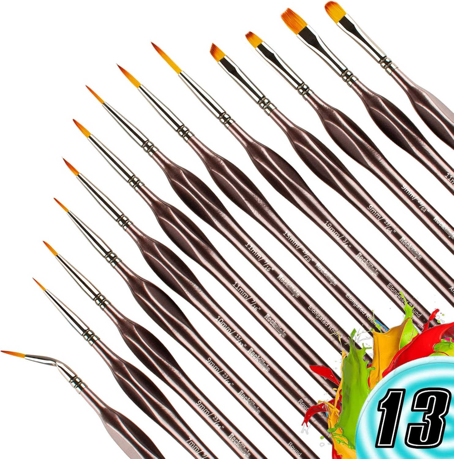 Detail Paint Brush Set, Rock Ninja 13pcs Thin Brushes for Fine Detailing & Art Painting, Acrylic,Watercolor, Oil Miniatures