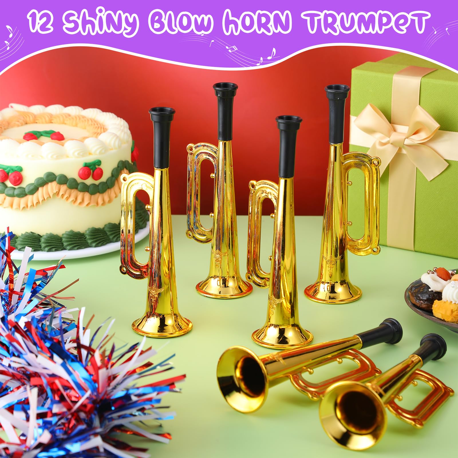 Poen 12 Pcs Toy Trumpet Kids Mini Metallic Trumpet Parties Musical Blow Horn Instruments Plastic Noise Makers for Kids Events Party Favors Music Class Stage Props 7 Inch Easter Day(Gold)