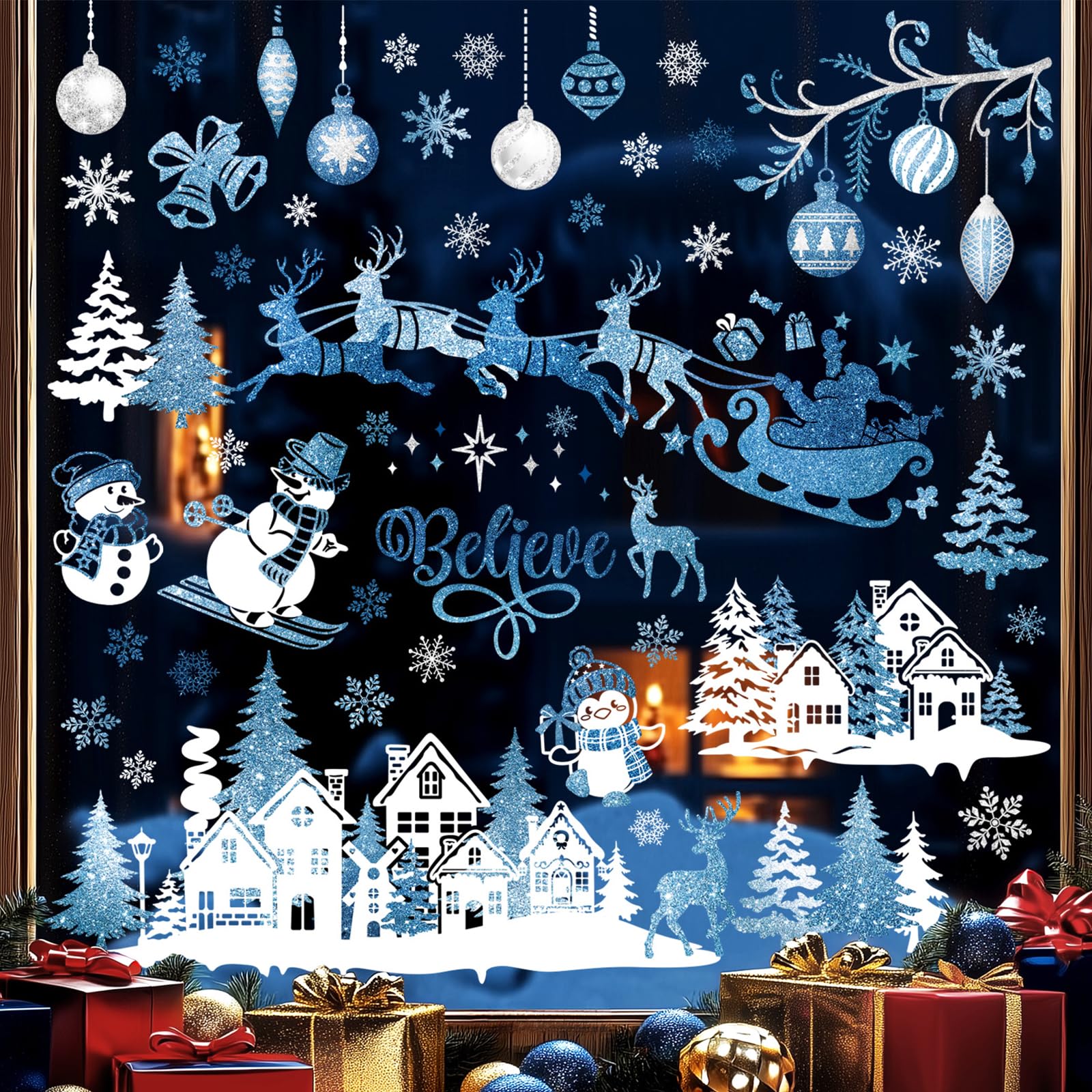 wondever Blue Christmas Snow House Window Clings Santa Claus Reindeer Snowman Penguin Glass Sticker Decal Anti Collision Double-Side Static Window Decals for Glass Window Christmas Party