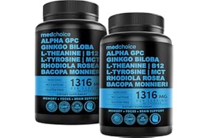 MEDCHOICE 12-in-1 Nootropic Brain Supplement Anhydrous: Ginkgo Biloba for Brain Support, Memory and Focus - B12, Alpha GPC, L Theanine and Choline Supplements with Bioperine non Caffeinated 1321mg (120ct)