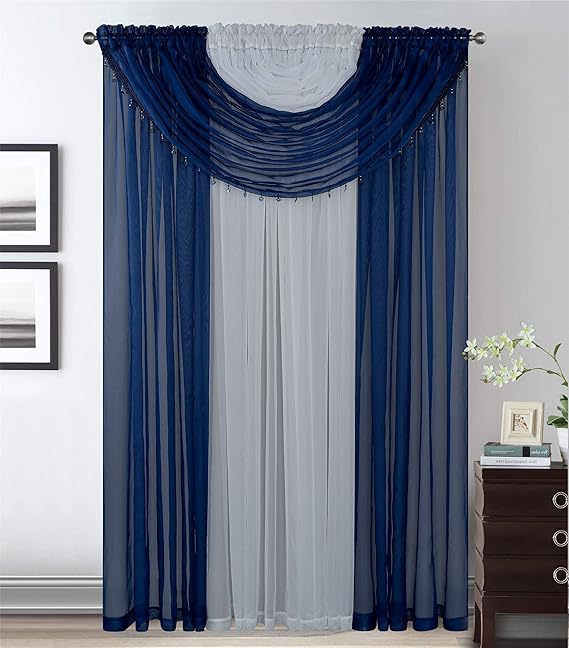 4 Panels With Attached Valance AllInOne Navy Blue White