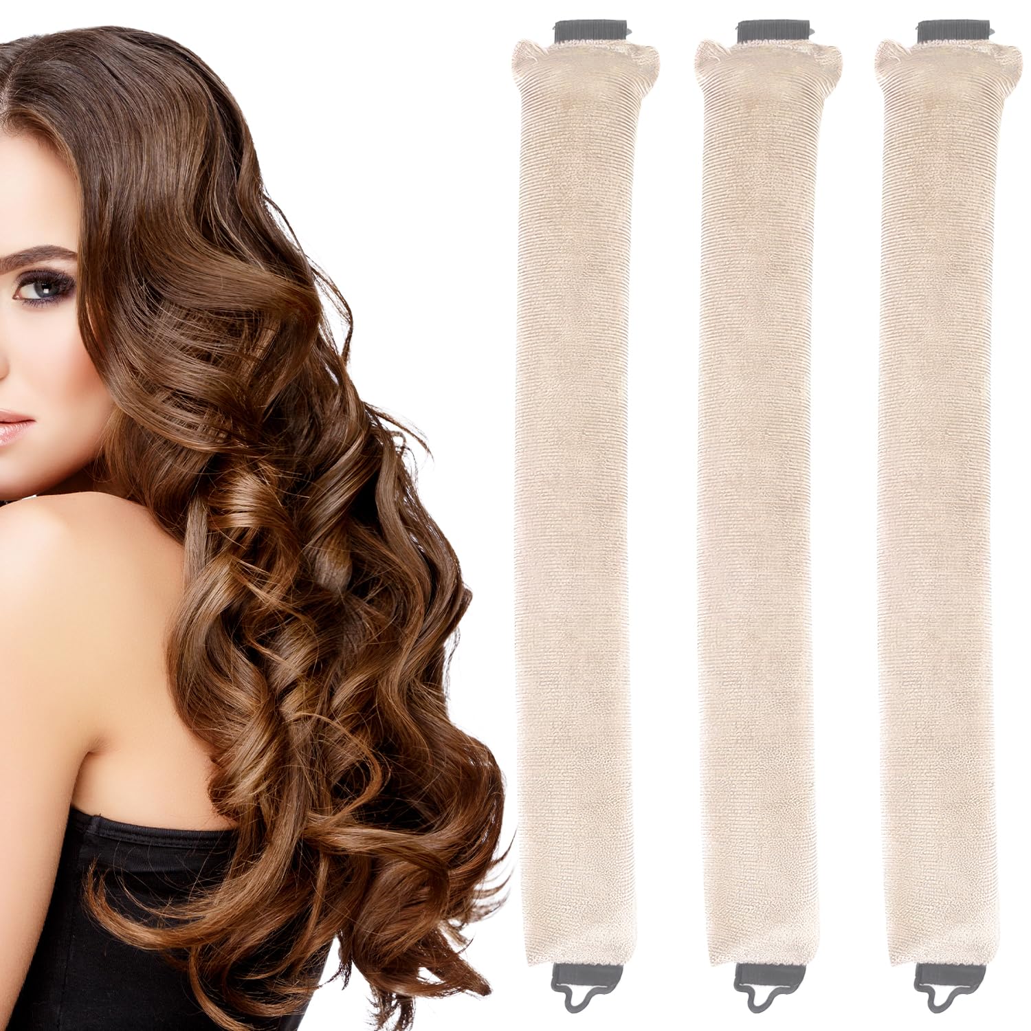 3Pcs Heatless Blowout Rods Overnight Curlers Heatless Curling Rods DIY Hair Styling Appliances for Long Short Wavy Hair (Beige)