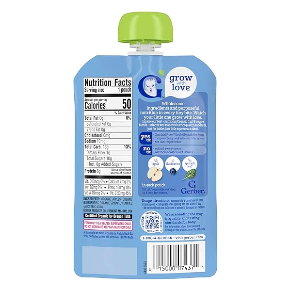 GERBER ORGANIC APPLE BLUEBERRY SPINACH BABY FOOD, 3.5 OZ POUCH