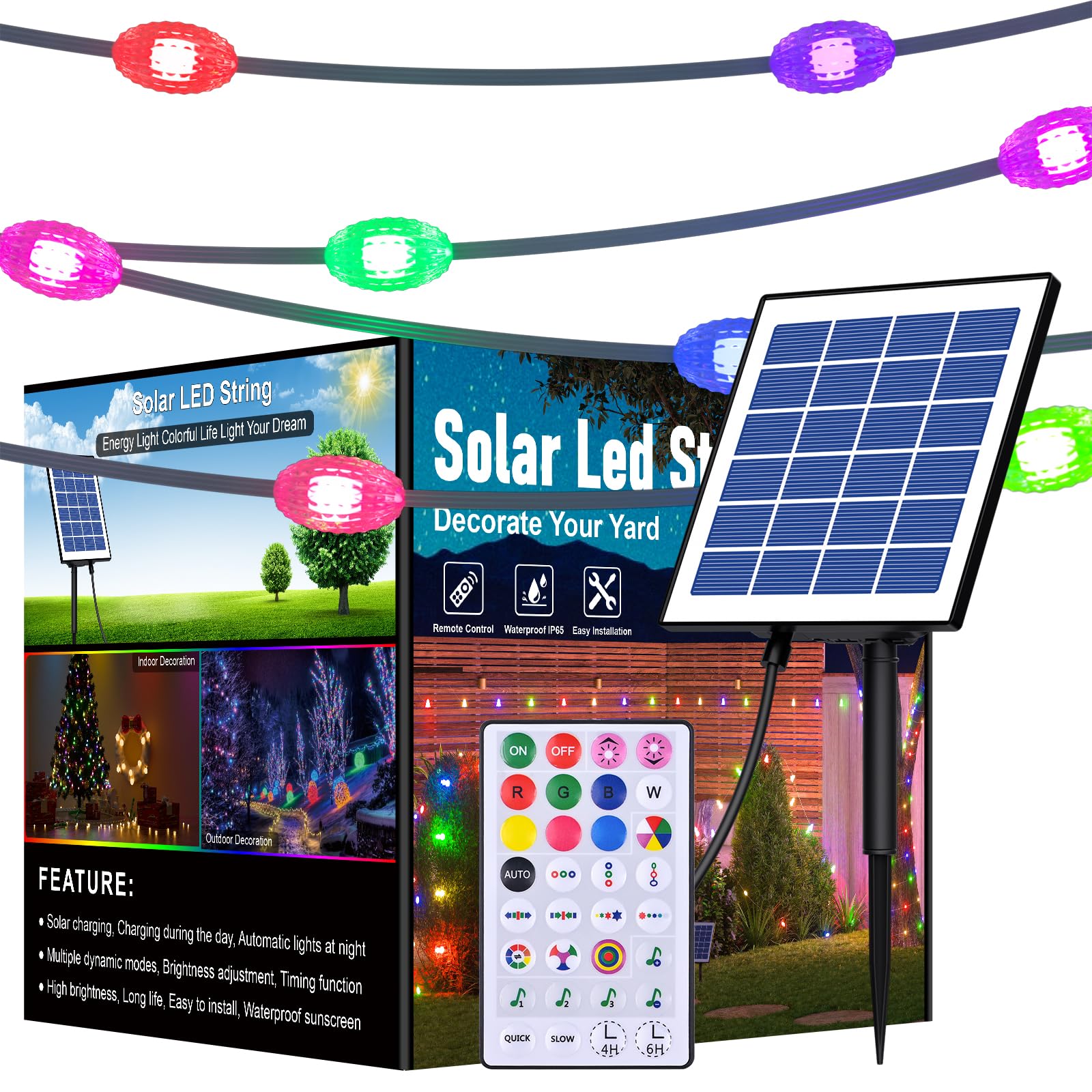 MIWATT RGB 20M Outdoor Solar String Lights with Remote Control, 132 Bulb Solar Rope Lighting Outdoor Waterproof IP65 for Christmas Tree, Wedding, Party, Home Decoration