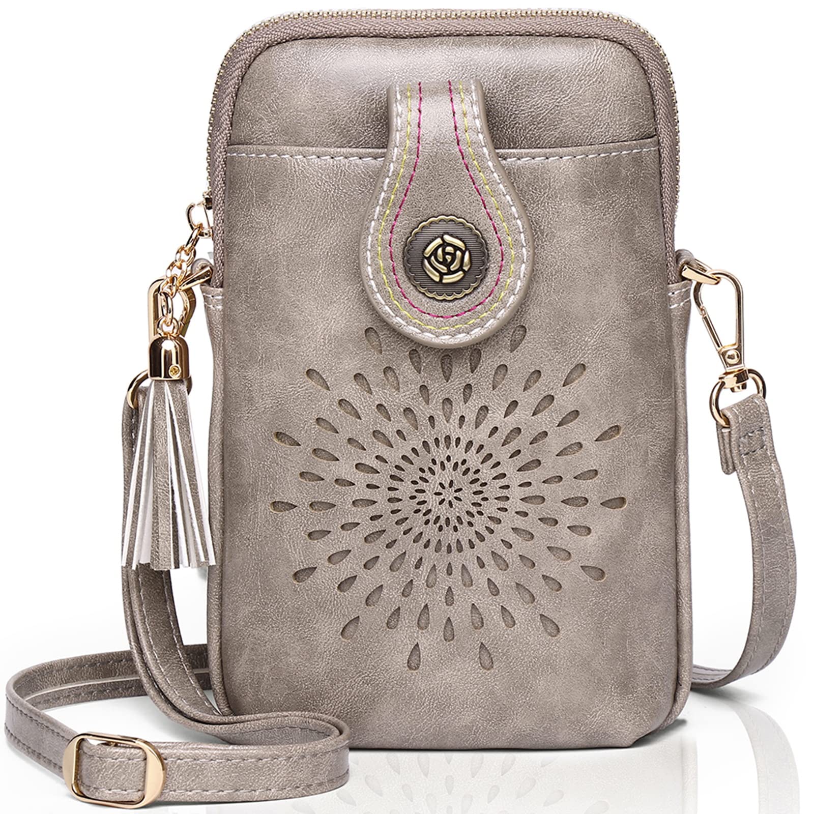 APHISON Designer Phone Bags for Women Crossbody, Sunflower Tassel Vegan Leather Small Crossbody Bags for Women fits Phone Up to 6.7 inches Gray