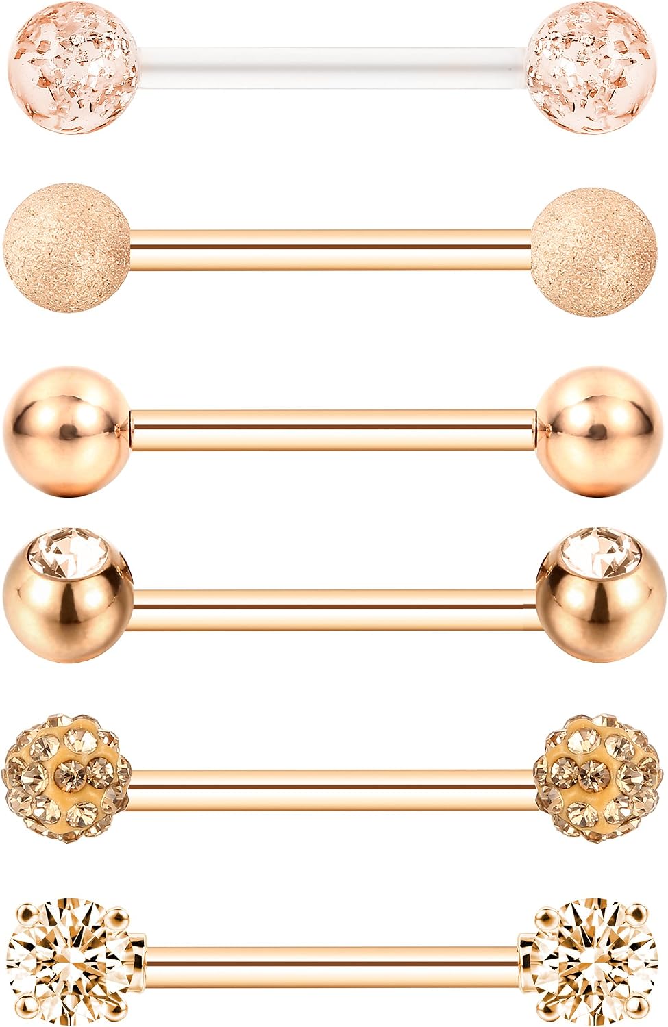 6 works Nipple Tongue Ring Stainless Steel Barbell Rings Cubic Zirconia Nipplerings Body Piercing Jewelry, 14 Gauge (Rose Gold) - Image 3