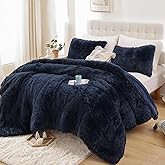 Smoofy Fluffy Queen Comforter Set, Faux Fur Comforter Set Queen Size, Luxury Fuzzy Bedding Set, Soft Shaggy Bed Set for All Season, 3 Pieces - 1 Comforter & 2 Pillowcases, Navy