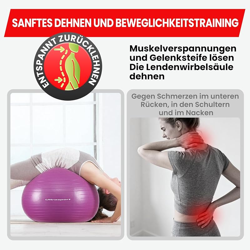 Pilatesball für Yoga & Fitness I Softball bis 300kg, rutschfest, Anti-Burst I Fitball für Schwangerschaft, Gymnastik, Ergonomischer Sitzball für Büro, Klein und Groß (Rot, 55 cm)
