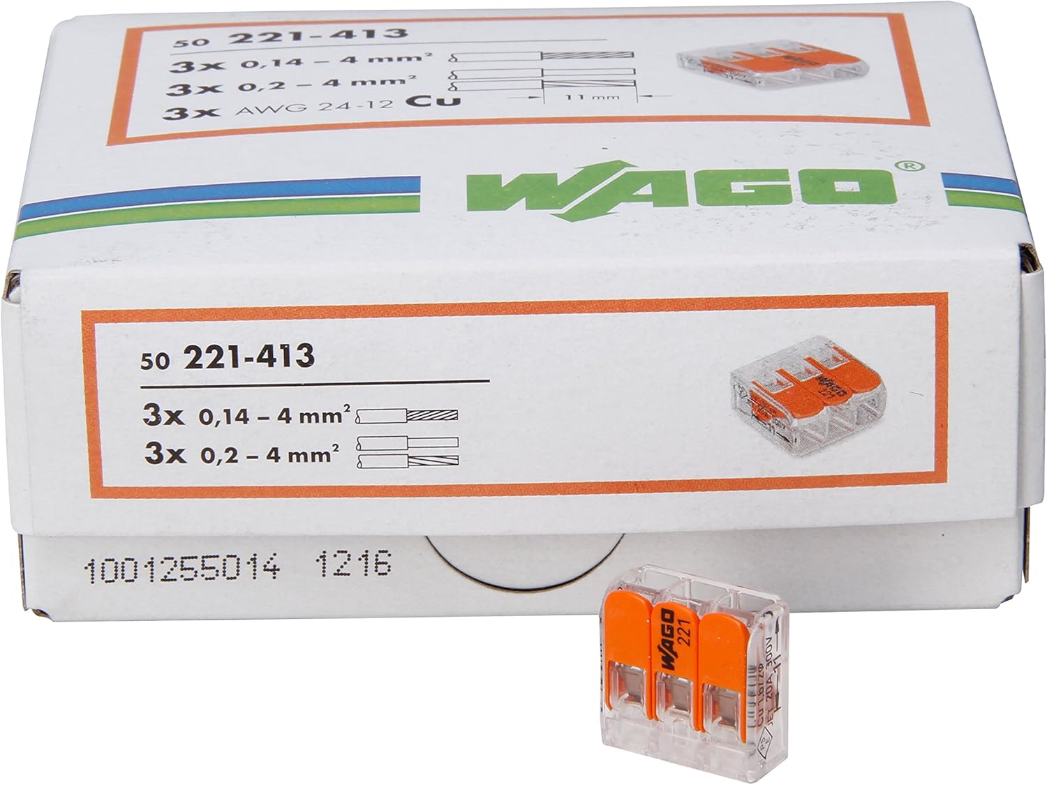 Kopp 33346427 Wago Plug-in Terminal 3-fold with Lever for Flexible Wires re-openable Transparent/Orange 1.5-2.5 mm² Contents 50 Pieces