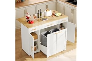 YITAHOME Kitchen Island with Drop Leaf, 55 inch Rolling Kitchen Carts, Modular Pull Out Trash Can Cabinet Fits Double 10-Gallon Garbage Bin, Mobile Island Table with 3 Drawers for Dining Room, White