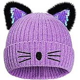 KDVOG Sequins Cat Ear Winter Hat for Kids, Girls Warm Knitted Beanie Ski Cap for Cold Days