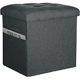 Small Ottoman with Storage, 61L Slim Tall Foldable Ottoman, Gray Black | Storage Ottoman for Dorm Living Room with Thicker Foam Padded Seat. Linen Foot Rest with Side Pocket &amp; Handles 17x13x17in