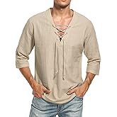 LecGee Men's Casual Cotton Linen Shirt Short Sleeve V Neck Lace Up Hippie Beach Tee Shirts Yoga Summer Top