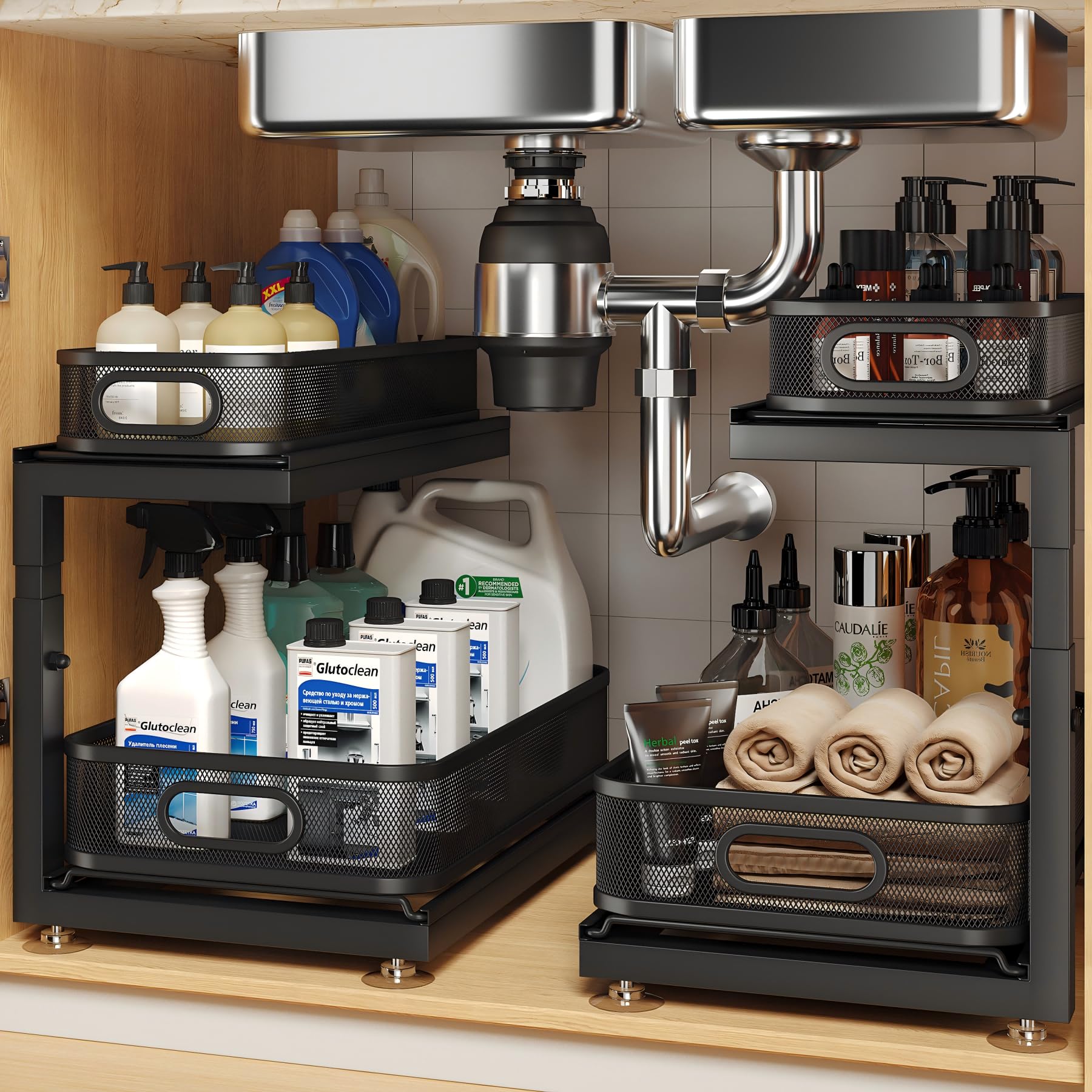 Photo 1 of 2-Pack Under Sink Storage Organizer with 2-Tier Slide Out Drawer, Sophisticated Mesh Pull Out Shelf for Kitchen & Bathroom, Fits Small Items, Upgraded Arched Track for Smooth Gliding(Patented)