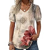 Zeagoo Women's Puff Short Sleeve Boho Shirts Casual V Neck Floral Solid Summer Blouse Pleated Tunic Top