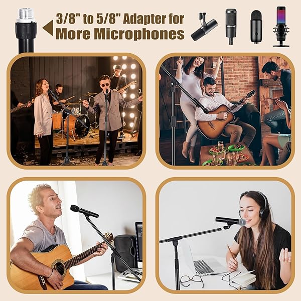TELLEGLOWW 1 PCS MICROPHONE STAND TRIPOD BOOM ARM FLOOR PODIUM STUDIO MIC STAND ADJUSTABLE HEIGHT 75 INCHES, EXTENDS ARM TO 27 INCHES COMES WITH 3/8 INCH AND 5/8 INCH MOUNT ADAPTERS FOR SINGING